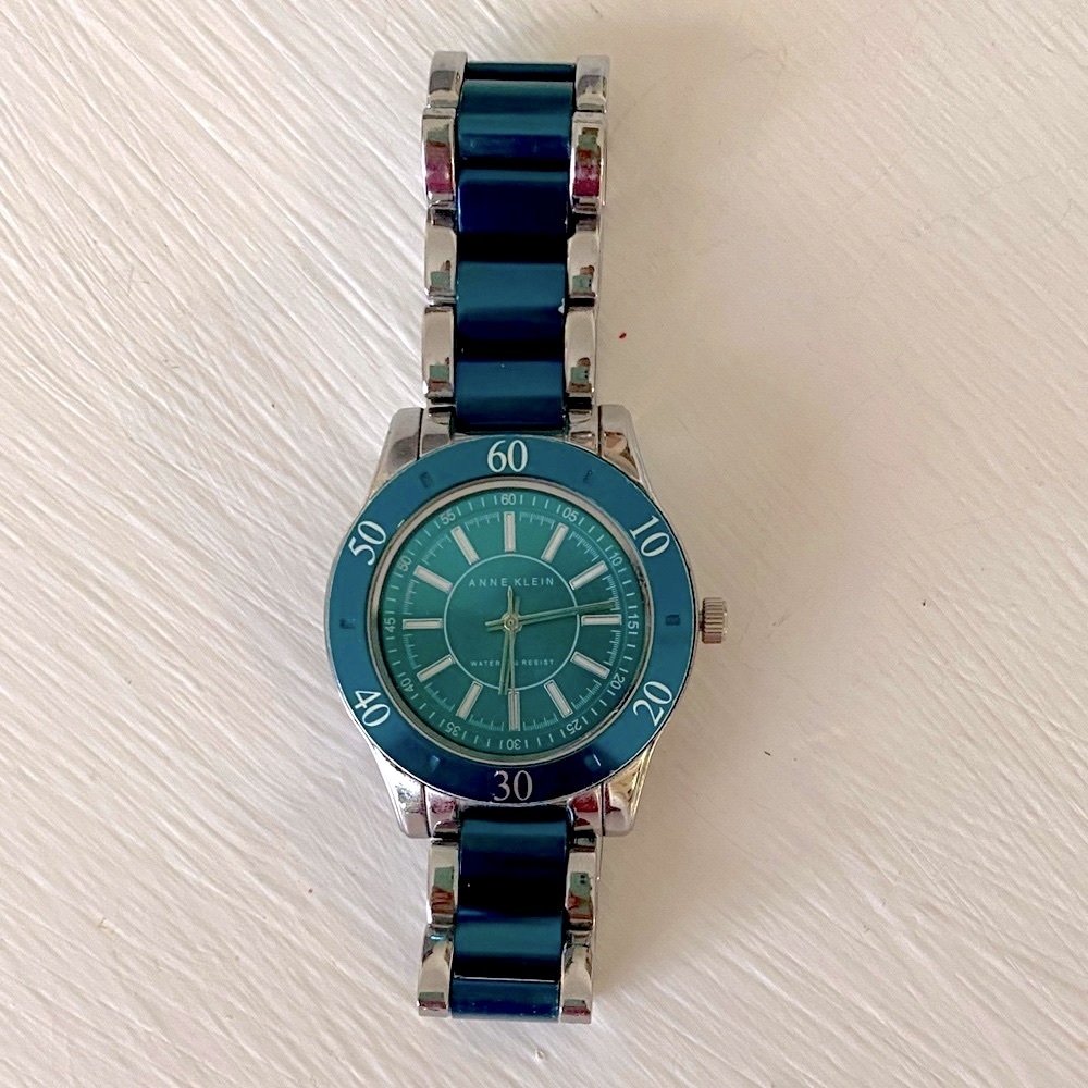 Anne Klein Teal Blue Dial & Enamel Link Silver Tone Sport Bracelet Watch - Picture 11 of 16
